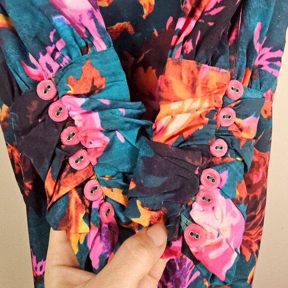 Hope & Ivy Green‎ Floral Midi Dress 8 High Neck Vibrant Bloomcore Button Detail - Picture 7 of 16